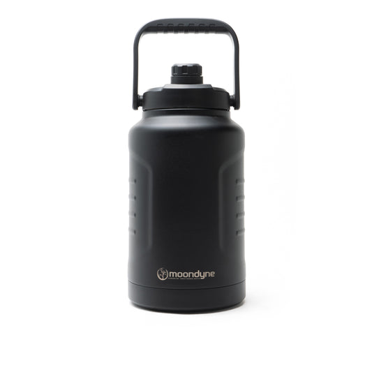 Black insulated water bottle with handle on a white background