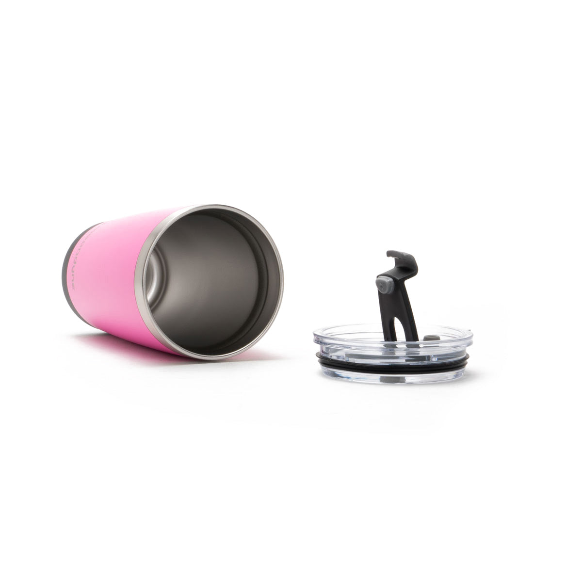 Pink thermos with black lid on a white background