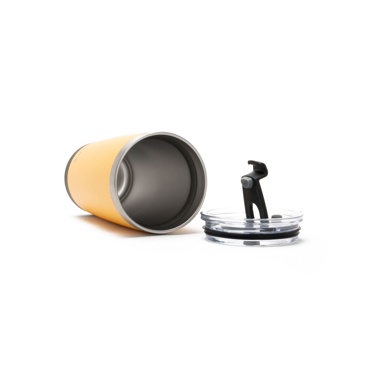 Yellow and gray travel mug with a black lid on a white background