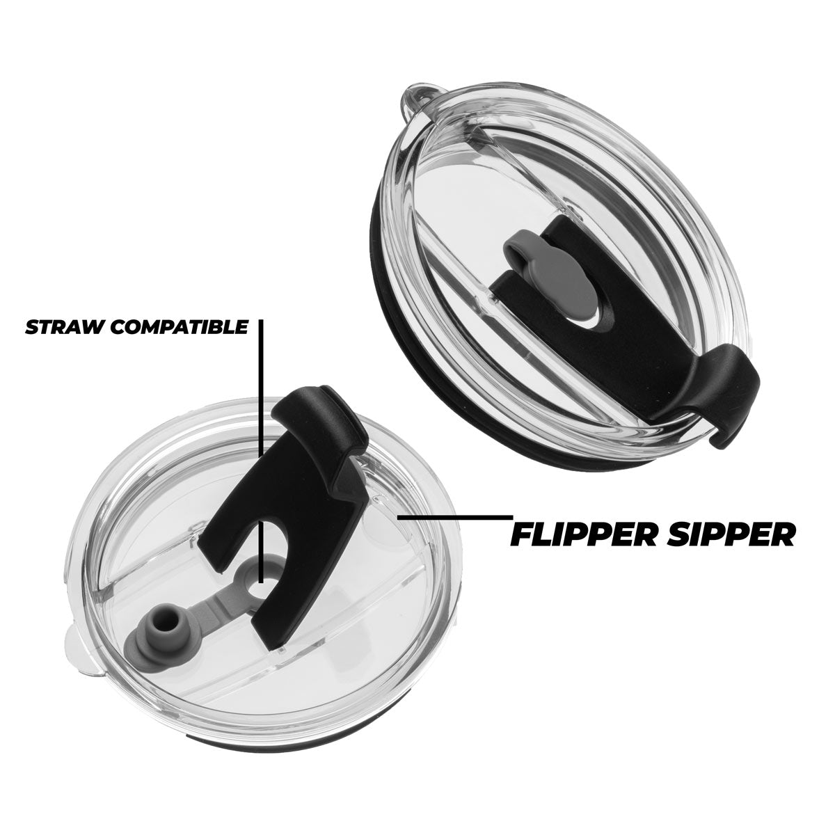 Two clear drink lids with black flipper sippers on a white background