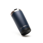 Blue tumbler with silver lid on a white background