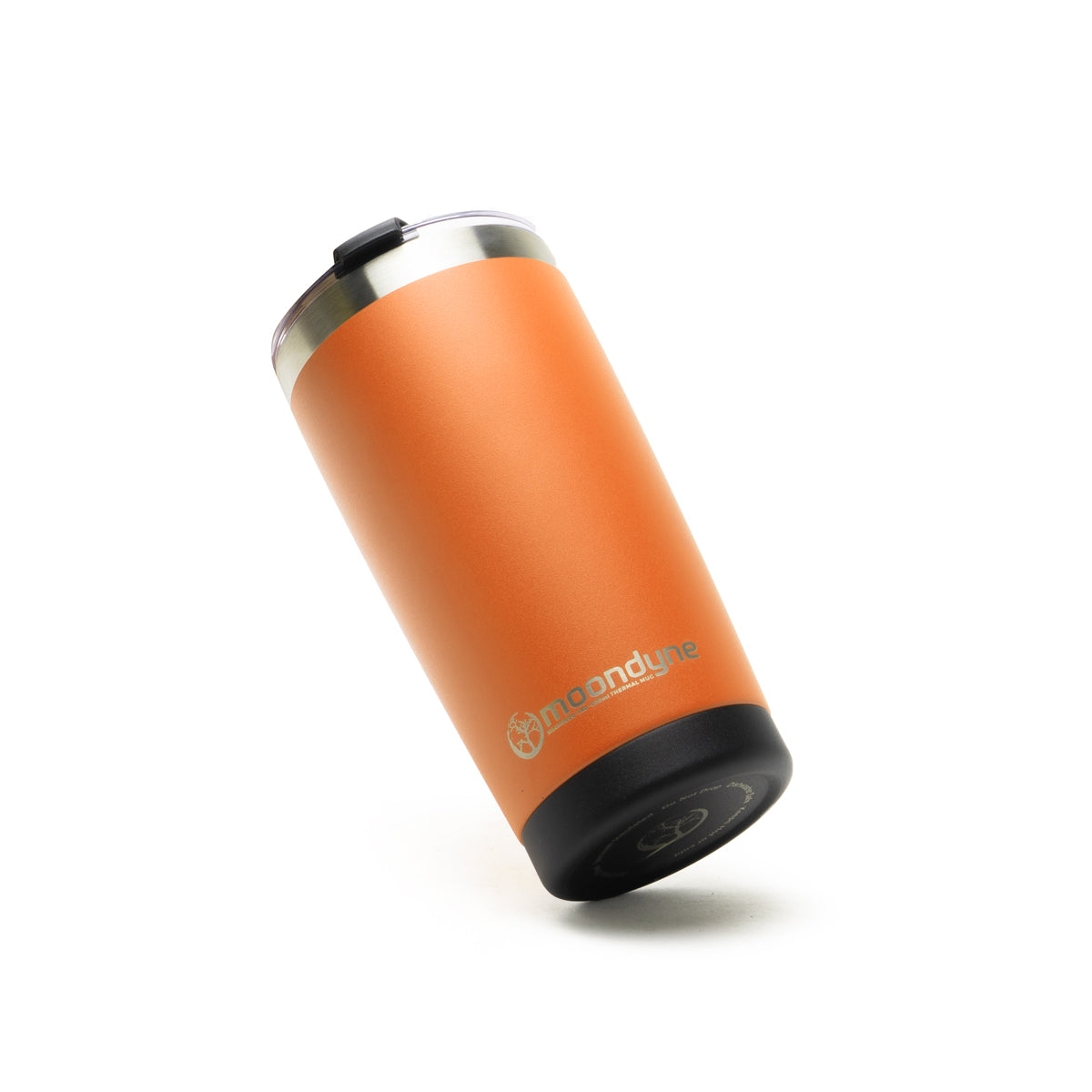 Orange tumbler with black lid on a white background