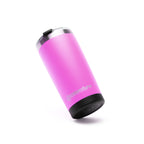Pink insulated tumbler with a black lid on a white background