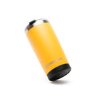 Yellow tumbler with black lid on a white background