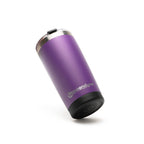 Purple tumbler with silver lid and black base on a white background