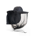 Black insect repellent hat with mesh cover on a white background