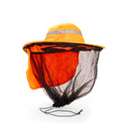 Orange and yellow insect repellent hat with mesh front on a white background