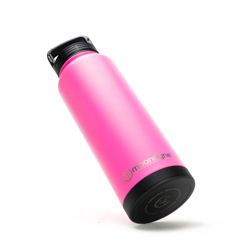 Pink water bottle with black lid on a white background
