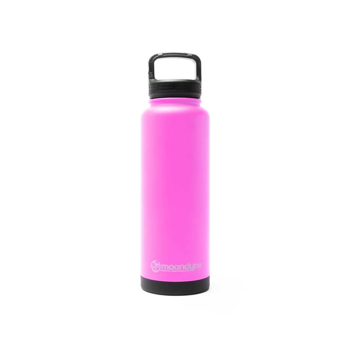 Pink water bottle with black cap on a white background