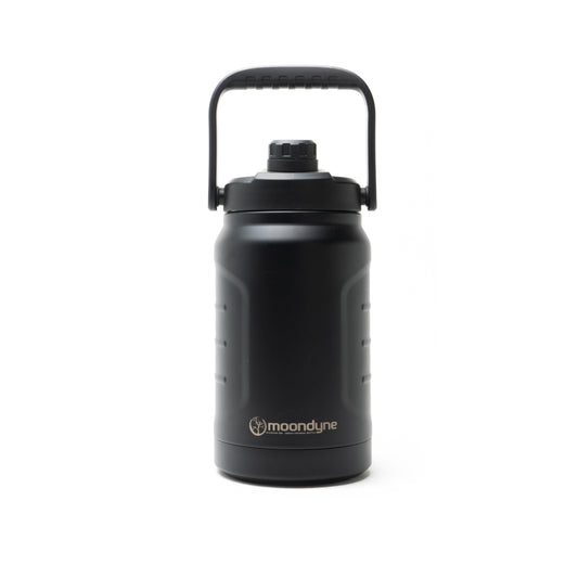 Black insulated water bottle with handle on a white background