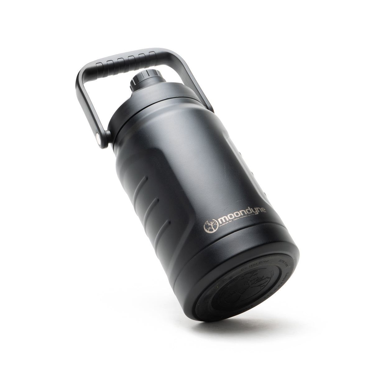 Black insulated water bottle with handle on a white background