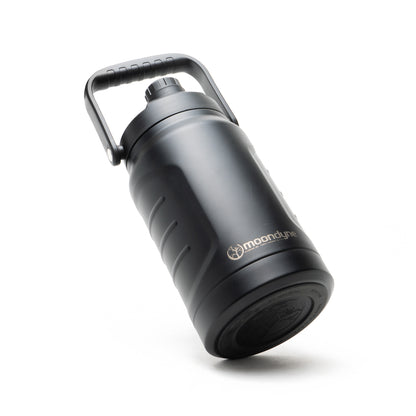 Black insulated water bottle with handle on a white background