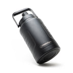 Black insulated water bottle with handle on a white background