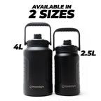 Two black insulated water bottles with sizes 4L and 2.5L on a white background.
