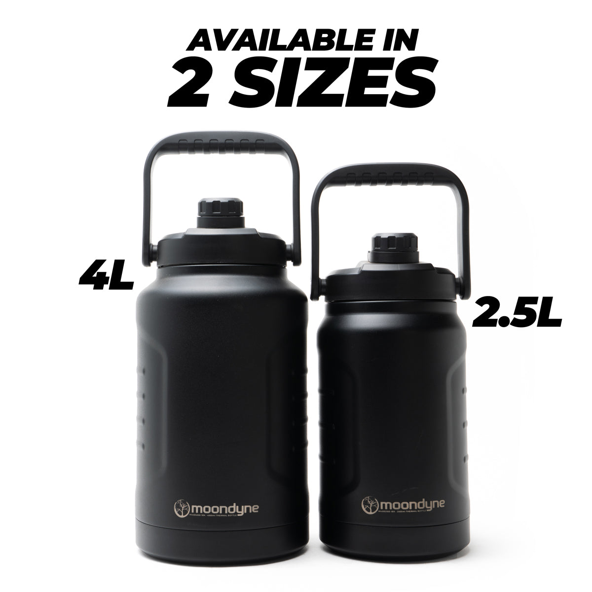 Two black insulated water bottles with sizes 4L and 2.5L on a white background.