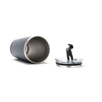 Gray tumbler with a black lid on a white background