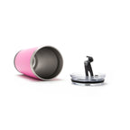 Pink thermos with black lid on a white background