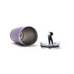 Purple tumbler with a metallic interior and black lid on a white background